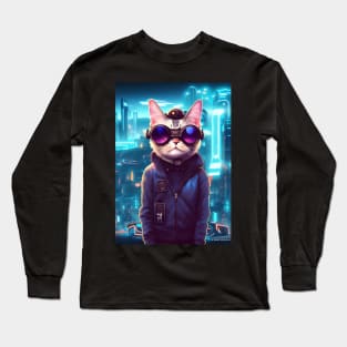 Cool Japanese Techno Cat In Japan Neon City Long Sleeve T-Shirt